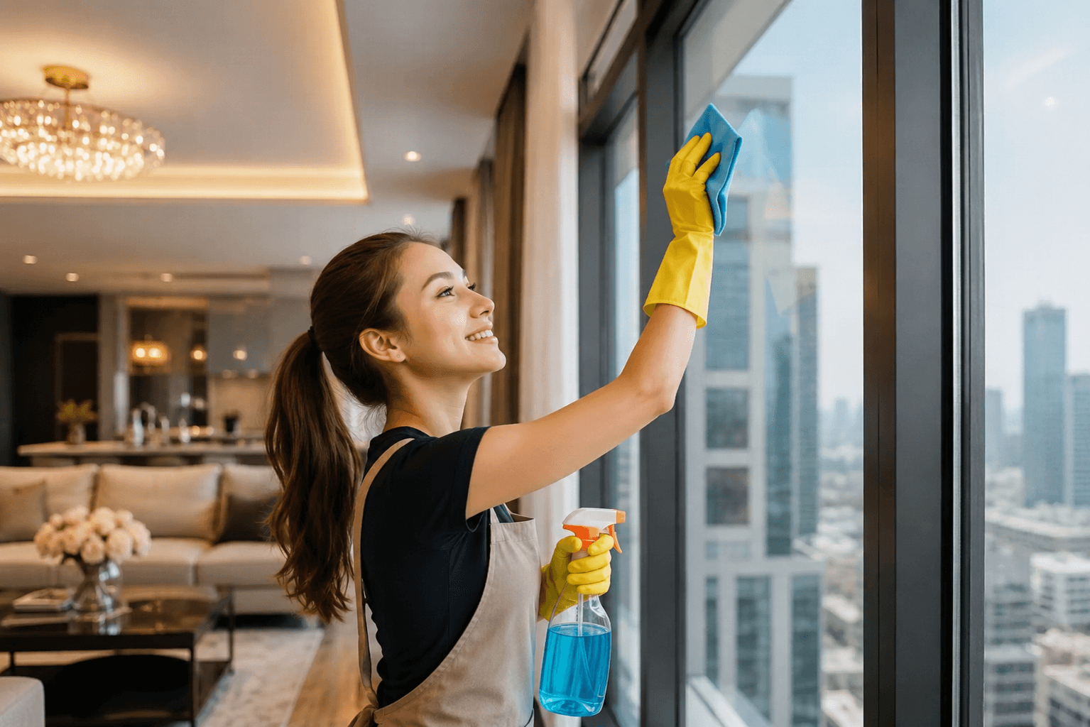 Smiling cleaner cleaning a window inside a luxury high-rise apartment with city view